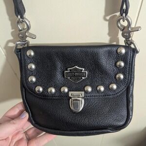Harley-Davidson Black Studded Leather Crossbody Pouch Bag Made in USA